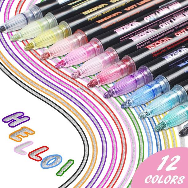NAVDEEP COLLECTION Set of 12 Metallic Double Line Outline permanent Pen Calligraphy