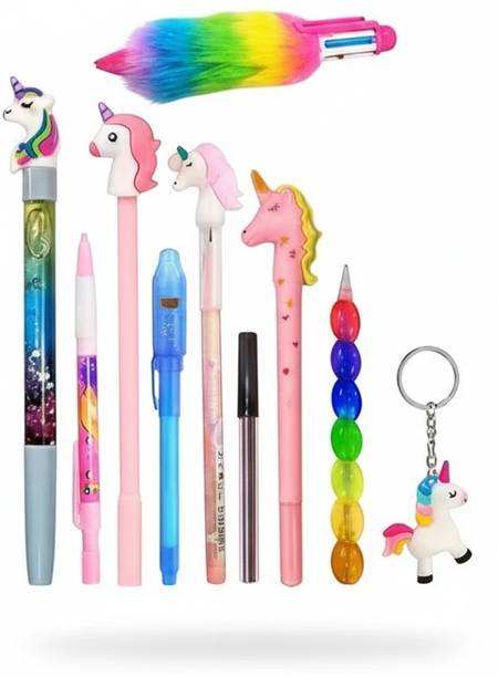 Eclet 10 Pcs Pen Pencil keychain Combo Pack. Best Combo Of Unicorn Stationery Item Ball Pen