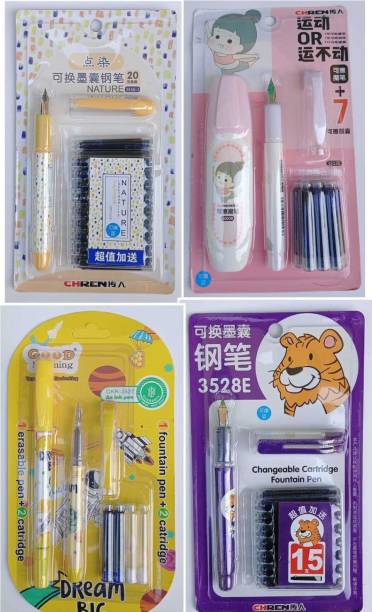 Naaznett Pack of (4 Fountain Pens + 2 Eraser + 44 Blue Ink Cartridges) Fountain Pen