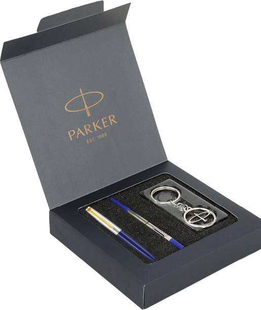 PARKER Premium Gift Set | Silver Keychain | Galaxy Standard Gold Trim Roller Ball Pen Pack of 2, Ink Color - Blue