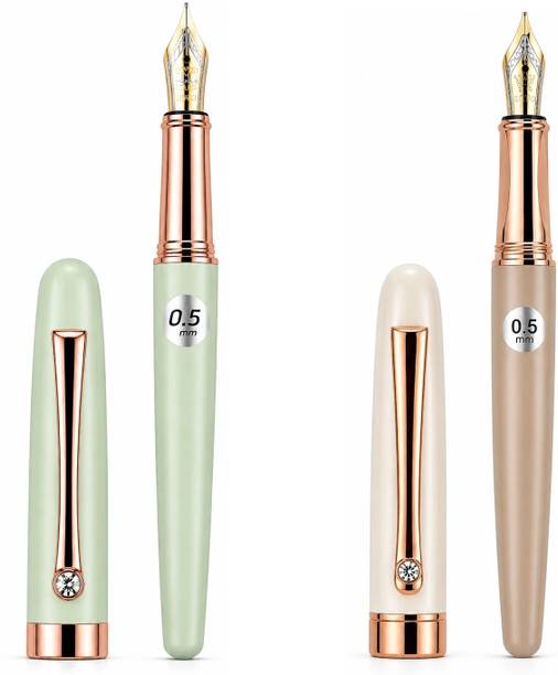 ZANY ZINES Fountain Pen Replacable Ink Set Blue and Black ink Green and Pink Body Color Fountain Pen