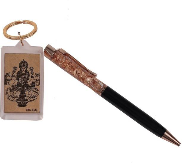 Purushottam Gagubhai Zaveri Laxmi Golden Key Ring&Pen Gift Set with Wooden Box 24KT Pure Gold Foil Finish Pen Gift Set