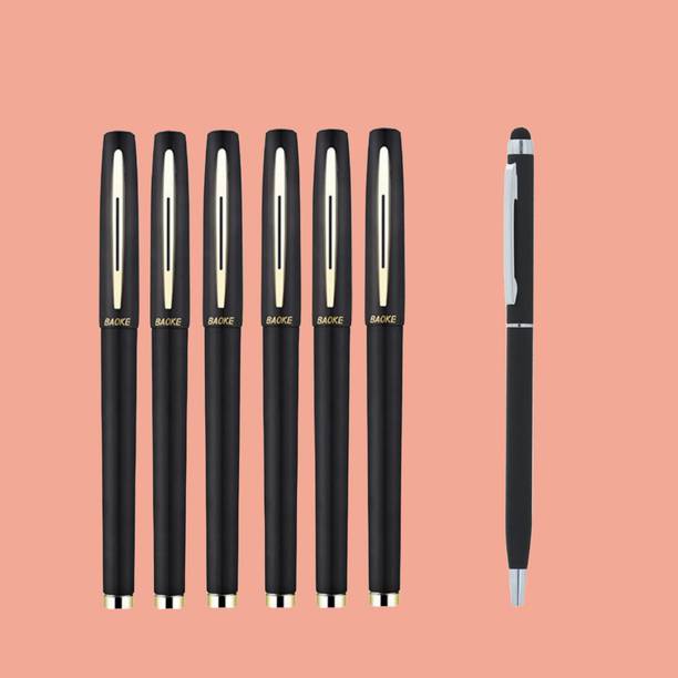 Baoke 6 Black Gel Roller Pen 0.7mm+FREE Roller Ball Blue Ink Pen|Silver & Black Finish Gel Pen