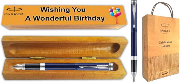 PARKER Folio SS FOUNTAIN PEN WITH SS TRIM (Blue) Wooden Birthday Gift Box &amp; Gift Bag Fountain Pen