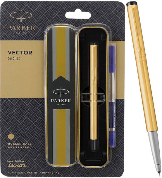 PARKER Vector Stainless Steel, Gold Trim Roller Ball Pen