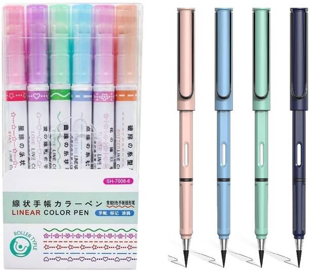 Eclet 10in1 Stationery Bundle 6 Curve Pattern Highlighter Pens with 4 Inkless pencil Fineliner Pen