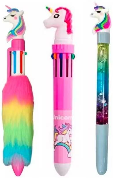 Eclet 3-Pcs Magical Unicorn Pen Set–6-in-1 Fur Pen,10-in-1 multi pen,1 glitter Gel Pen
