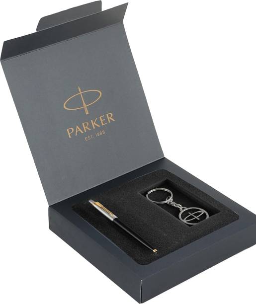 PARKER Premium Gift Set | Silver Keychain | Galaxy Standard Gold Trim Ball Pen