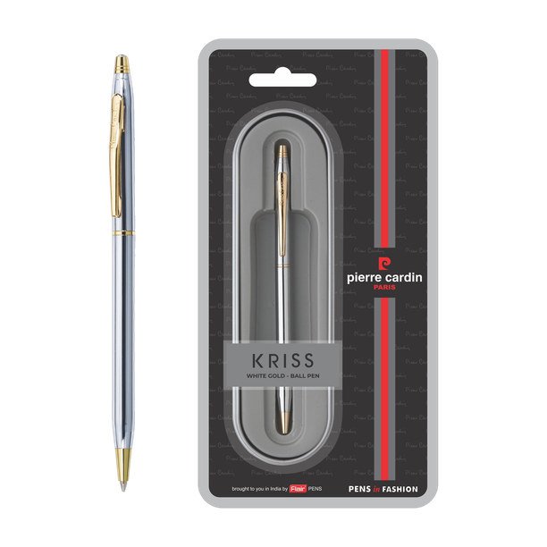 PIERRE CARDIN Kriss White Gold Finish Exclusive Metal Body With Crystal Studded Blister Pack Ball Pen