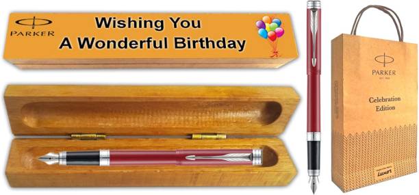 PARKER Folio SS FOUNTAIN PEN SS TRIM (Red) With Wooden Birthday Gift Box &amp; Gift Bag Fountain Pen