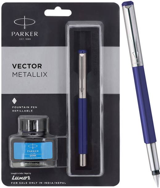 PARKER Vector Metallix Blue Body Color (Fine Nib )With Quink Ink Bottle Fountain Pen