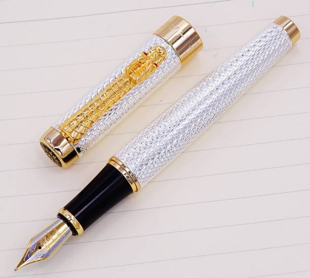 Jinaao 1200 Silver Fountain Pen With Golden Dragon Red Crystal Eyes With Converter Fountain Pen