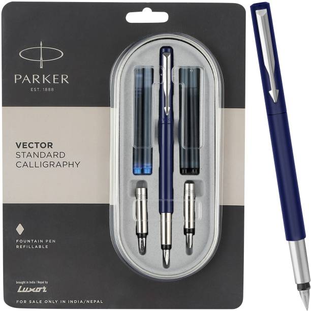 PARKER Vector Standard Calligraphy, Chrome Trim With 4 Ink Cartridges (2 Blue Fountain Pen