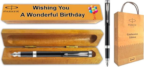 PARKER FOLIO STANDARD FOUNTAIN PEN WITH SS TRIM With Wooden Birthday Gift Box &amp; GiftBag Fountain Pen