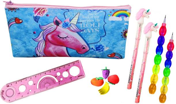 Neel Unicorn School Stationery Return Gift Set for Girls Unicorn Pencil Case Pouch for Girl Travel Pouch Cosmetic Pouch for Girl 2 Pencil/Moti Pencil,/Scale/Eraser Art Polyester Pencil Box
