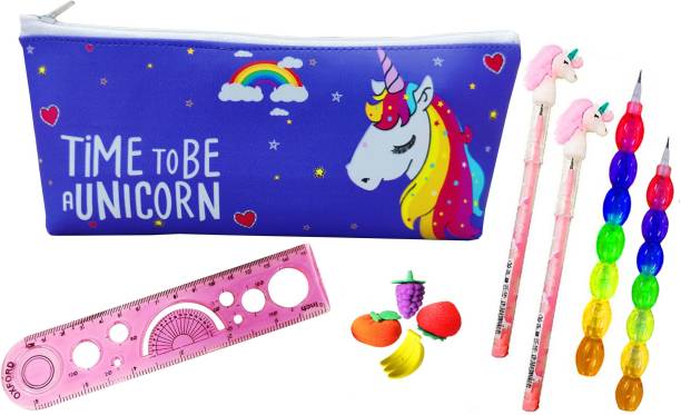 Neel 10Ps Unicorn School Stationery Gift Set for Girls Pencil Case Pouch for Girls Travel an Cosmetic Pouch for 2 Unicorn Pencil, 2 Moti Pencil/Scale/Fruit Eraser Art Polyester Pencil Box