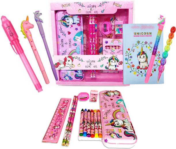 Urban Festivities Unicorn Stationery Set for girls Diary coloring combo metal Art Metal Pencil Box