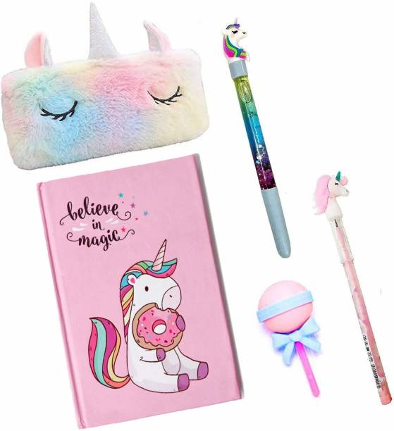 TITIRANGI Unicorn Stationery Gift for Kids Unicorn Pencil Pouch/Box for Kids Fur Pencil Case with Unicorn A5 Diary, Pen Pencil &amp;Eraser for Girls Party Favor Return Gift Art Canvas Pencil Box