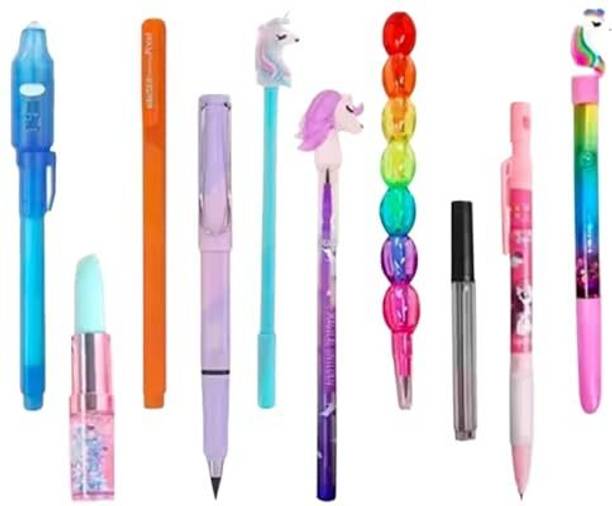 Eclet Unicorn Stationery Set: Glitter Pen, LED Pencil, Endless Pencil, Lipstick Pen Ball Pen