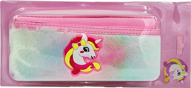 poksi Unicorn Fur Pouch with Double Zipper |Unicorn Pencil Pouch| Pencil Box for Girls| Art Polyester Pencil Box