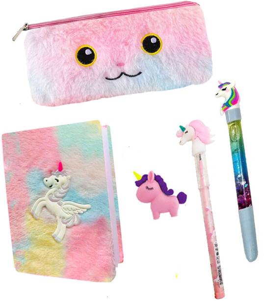 TITIRANGI Unicorn Stationery Gift for Kids Unicorn Collection Pencil Case Pouch for Girls Unicorn Theme Pouch with Diary/All Stationery Best Birthday Return Gift for Boys Art Canvas Pencil Box