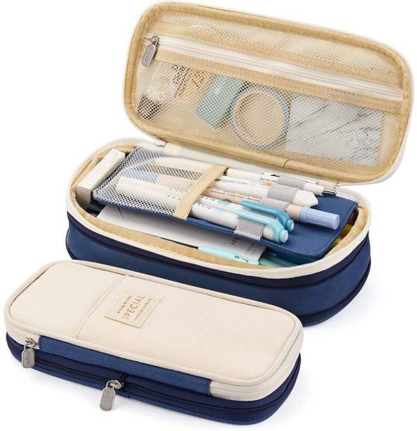 VENDIFY Multiple Compartment Double Zipper Pencil Pouch for Kids solid Art Canvas Pencil Box