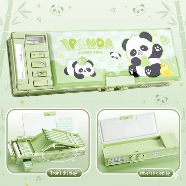 MASHKUR Stationery Presents Fancy & Attractive Compass Box For Kids & Students To Store Their Stationery, 2-Side Password Lid Lock, Shine Panda Theme, MS15 Art Plastic Pencil Box