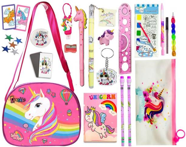 Neel 20pcs Unicorn Theme Gift for Girls,Unicorn Large Capacity Sling Bag Shoulder Bag with Pencil Pouch Diary Pen Pencil Eraser All Stationery Return Gift for Girls Art Plastic Pencil Box