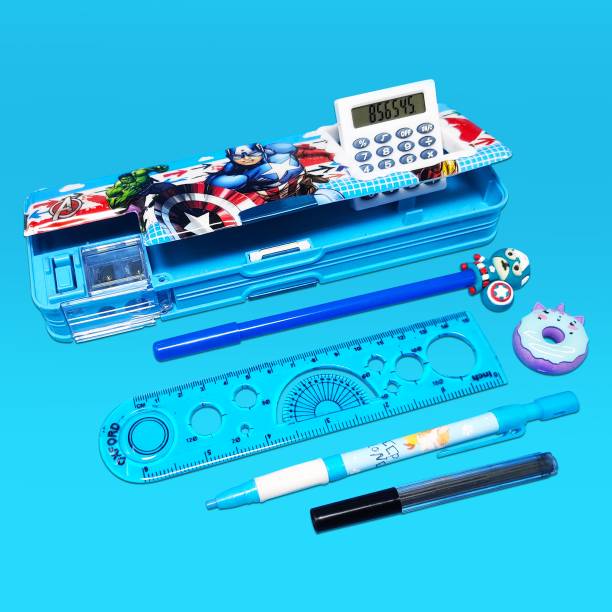 Parteet Best Quality Stationery Pencil Box Combo with Calculator & Dual Sharpener & Accessories for Kids. Art Plastic Pencil Box