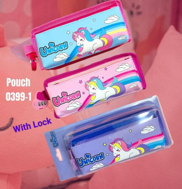 PKM Pouch 0399-1 Unicorn Zipper Pouch With Lock Random Print color Pouch for Boys &amp; Girls Art EVA Pencil Box