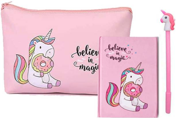 Neel 3pcs Unicorn Stationery Gift Set for Girls A5 Size Large Capacity Unicorn Pencil Pouch A6 Size Unicorn Diary ,Unicorn Gel Pen Return Gift Set for Kids Girls Art Pure Leather Pencil Box