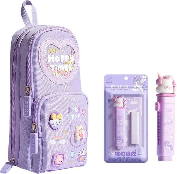 MANAKI ENTERPRISE Cute Sweet Pencil Pouch with Push Pull Eraser Set for Girls Beautiful purple theme with cute cartoon elements Art Canvas Pencil Box
