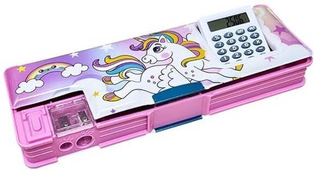 Eclet 1pc Multipurpose Magnetic Pencil Box with Calculator, Dual Sharpener for Girls & Boys for School, Big Size Cartoon Printed Pencil Case for Kids Art Plastic Pencil Box