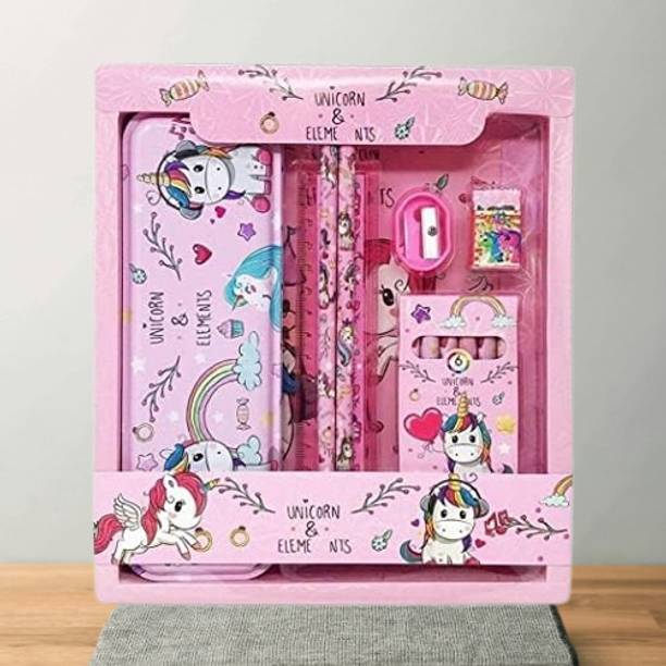 Eclet 12pc Stationary Set Unicorn Pencil Box, Pencil Sharpner Eraser Scale Cryon Kit with Cartoon 3DEraser Set for Kids Girls Boys Gift Unicorn Gift for Girl. Art Plastic Pencil Box