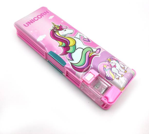 tishna Unicorn Inbuilt Sharpener, LED Lamp Light & Dual Compartment, Magnetic Closure Unicorn Animated Art Plastic Pencil Box