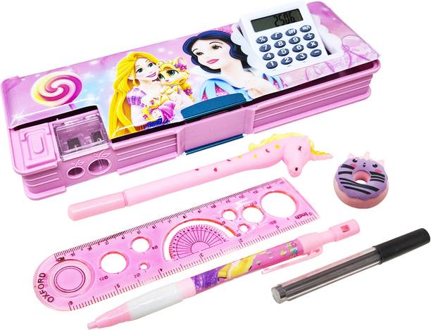 Parteet Best Quality Stationery Pencil Box Combo with Calculator & Dual Sharpener & Accessories for Kids. Art Plastic Pencil Box
