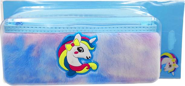 dishvy Unicorn Fur Pouch with Double Zipper |Unicorn Pencil Pouch| Pencil Box for Girls| Art Polyester Pencil Box