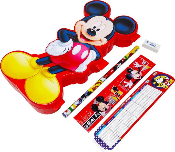 Parteet (SKI) Premium Quality Mickey Mouse Shape Pencil Box with Push Lock Pen & Pencil Holder, 2 Compartment and Stationery Items For Kids Art Plastic Pencil Box