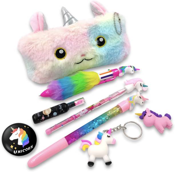 tishna Cute Unicorn Fur Pouch With Art Tools 7in1 Combo for Boys and Girls Return Gift Unicorn Designed Art Canvas Pencil Box