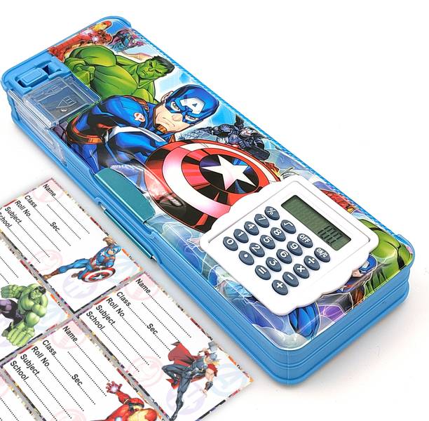 spartone Avenger Pencil Box For Kids with Inbuilt Calculator And Notebook Stickers Avengers Designed Art Plastic Pencil Box