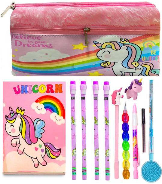 Neel 12pcs Unicorn Theme Return Gift Set for Party Favor Return Birthday Gift for Girls School Unicorn Pencil Pouch with All Stationery Unicorn Wooden Pencil Pen Art Polyester Pencil Box