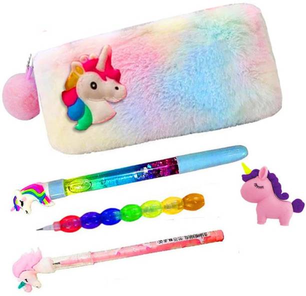 Neel 5Ps Unicorn Theme Collection Stationery Return Gift Set for Girls Unicorn Pencil Case Pencil Pouch Travel Cosmetic Pouch for Girls Unicorn Pen Pencil Eraser Art Polyester Pencil Box