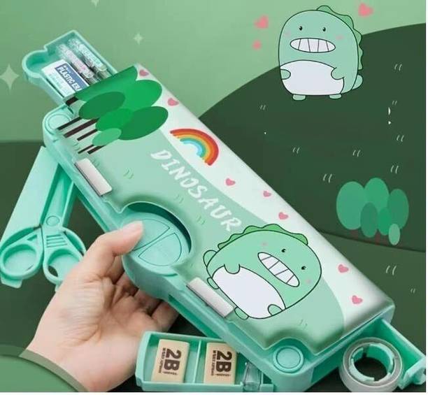 PELEDIANSTAR Dino-Green-KBX-7068-A Multifunctional & Magnetic Pencil Box for Kids Art Plastic Pencil Box