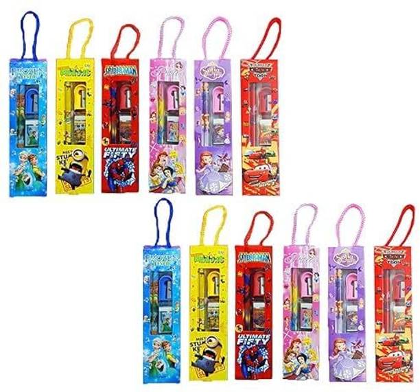 Eclet 12pc Set Stationery Gift Set for Kids for Small Gift Sets Mix Designer Set Box Included 2 Pencils,1 Scale,1 Eraser and 1 Sharpener Gift Rakhi Gift for Sisters Art Plastic Pencil Box