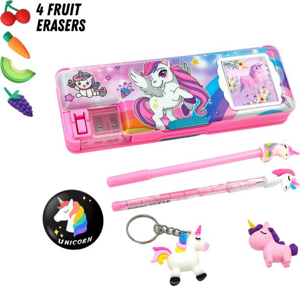 tishna Inbuilt Calculator 5 Pc Combo Cool Unicorn Art Plastic Pencil Box