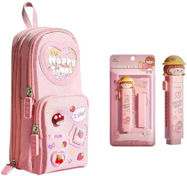 danev enterprise Pencil Pouch with Peach cake Push Pull Eraser Set for Kids 3 Sticker Art Polyester Pencil Box Art Polyester Pencil Box