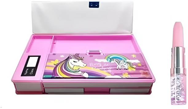 Eclet 2pc of Combo Pack of Pink Jumbo geometry box | Double Sided Geometry Box with 1 glitter lipstick gel pen for Kids (Design may vary) Art Plastic Pencil Box