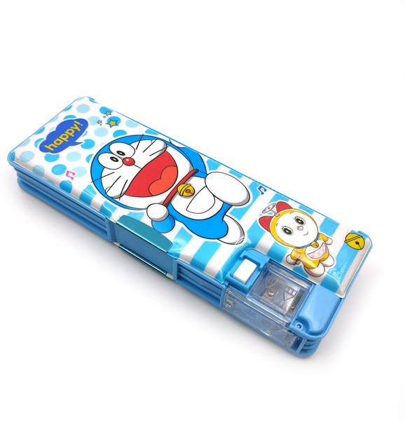 tishna Inbuilt Sharpener with LED Lamp Light & Dual Compartment, Magnetic Closure Type Doraemon Art Plastic Pencil Box