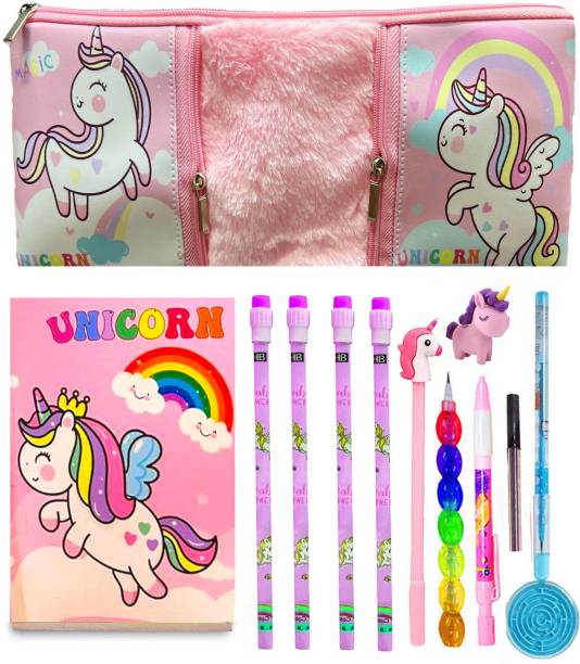 Neel 12pcs Unicorn Theme Return Gift Set for Party Favor Return Birthday Gift Set for Girls School Unicorn Pencil Pouch with All Stationery Unicorn Wooden Pencil Pen Art Polyester Pencil Box