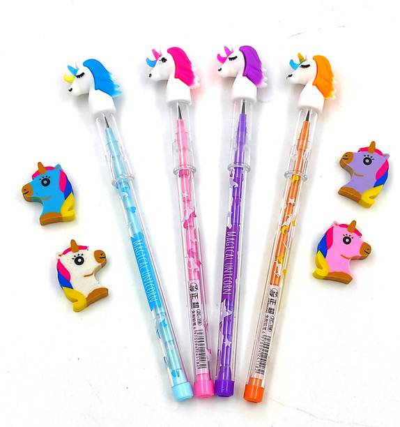 Johnnie Boy Unicorn Pencil and Eraser Set|Combo of 4 unicorn Pencils and 4 unicorn erasers Pencil